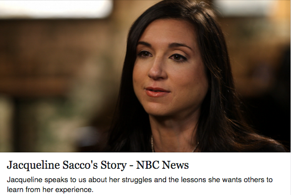 Sexual assault survivor Jacqueline portrait with caption "Jacqueline Sacco's Story - NBC News. Jacqueline speaks to us about her struggles and the lessons she wants others to to learn from her experience" below
